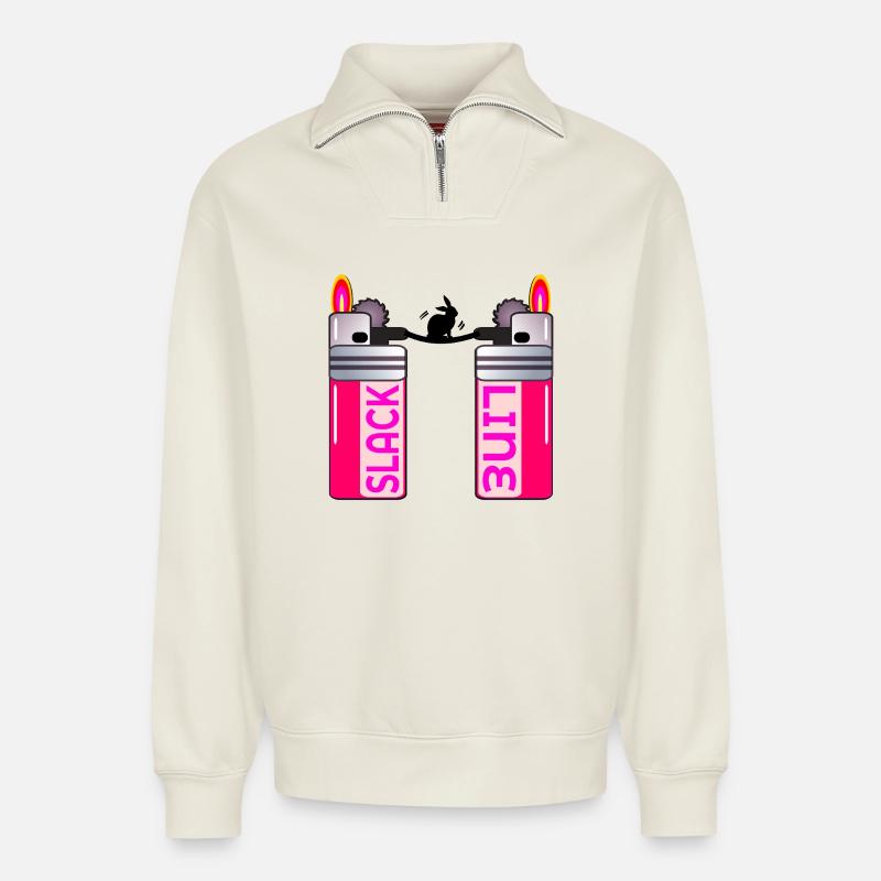 RABBIT SLACKLINING LIGHTER - Relaxed Unisex Organic Half Zip Sweatshirt – by SPREAD - off white