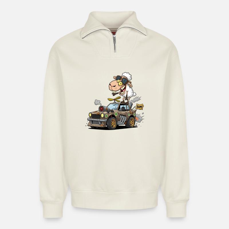 Whimsical Sheep Roaring - Relaxed Unisex Organic Half Zip Sweatshirt – by SPREAD - off white