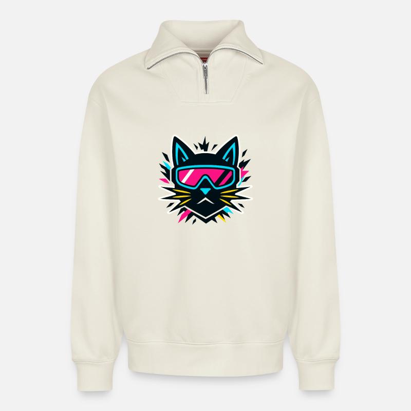 Cyber Cat - Relaxed Unisex Organic Half Zip Sweatshirt – by SPREAD - off white