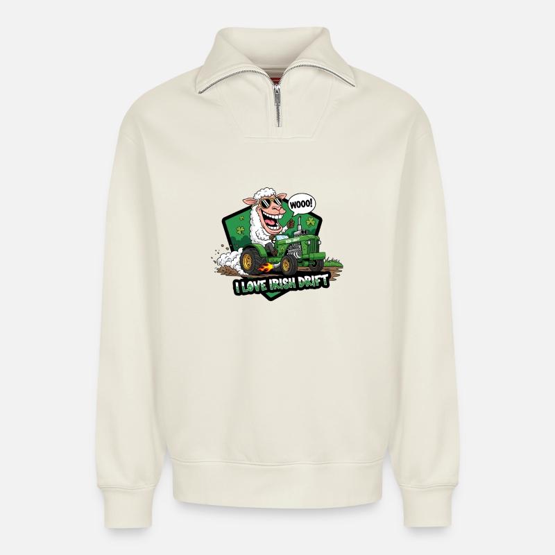 Irisches Drift Schaf Auto Design - Relaxed Unisex Organic Half Zip Sweatshirt – von SPREAD - Naturweiß