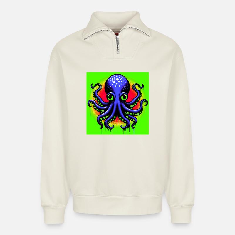 Octopus - Relaxed Unisex Organic Half Zip Sweatshirt – by SPREAD - off white
