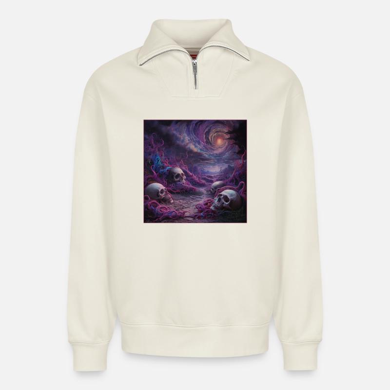 Kosmisches Schädelreich Kunstwerk - Relaxed Unisex Organic Half Zip Sweatshirt – von SPREAD - Naturweiß