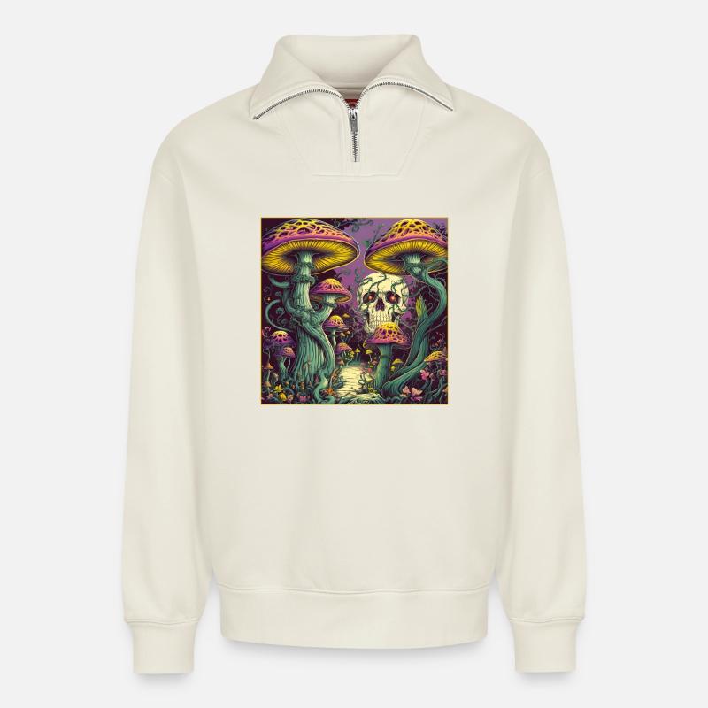 Pilz Wald Schädel Design - Relaxed Unisex Organic Half Zip Sweatshirt – von SPREAD - Naturweiß