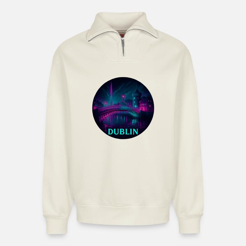 Dublin Souvenir Cyberpunk - Relaxed Unisex Organic Half Zip Sweatshirt – von SPREAD - Naturweiß