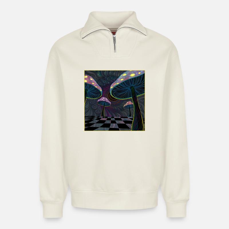 Psychedelic Mushroom Forest Scene - Relaxed Unisex Organic Half Zip Sweatshirt – by SPREAD - off white