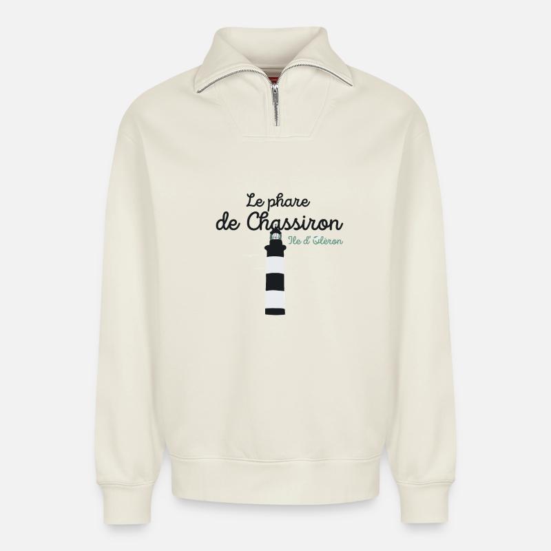Ile d'Oléron phare de Chassiron - Sweat unisexe décontracté en coton biologique à demi-zip – de SPREAD - blanc cassé