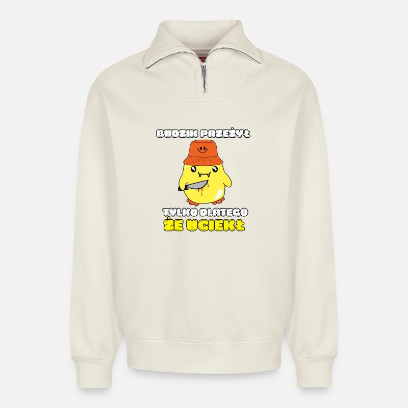 Morgendliches Killer-Huhn - Relaxed Unisex Organic Half Zip Sweatshirt – von SPREAD - Naturweiß