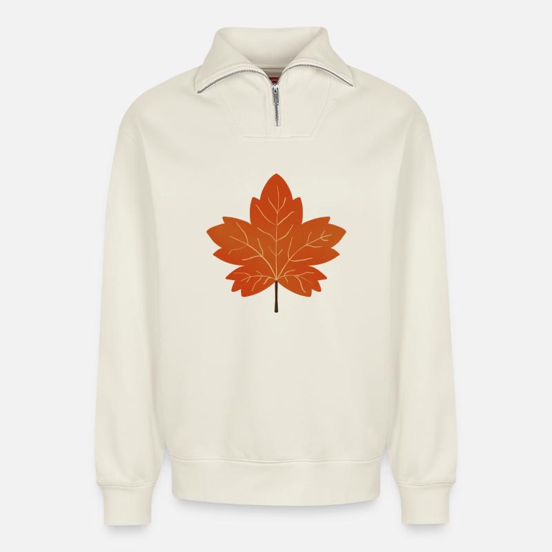 Illustration de feuille d’érable d’automne - Sweat unisexe décontracté en coton biologique à demi-zip – de SPREAD - blanc cassé