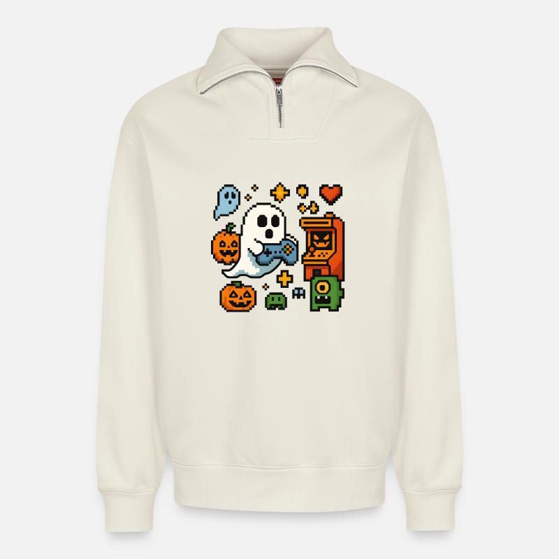 Pixel Ghost Gaming Retro Design - Relaxed Unisex Organic Half Zip Sweatshirt – von SPREAD - Naturweiß