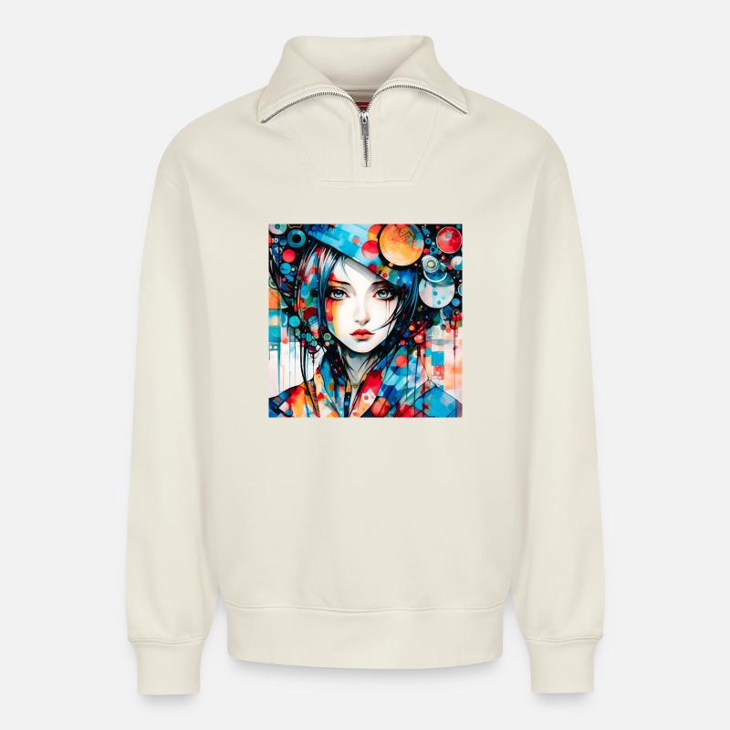 Buntes digitales abstraktes Mädchenporträt - Relaxed Unisex Organic Half Zip Sweatshirt – von SPREAD - Naturweiß