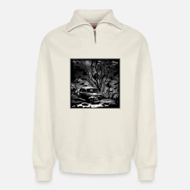 Dunkler Wald Oldtimer Illustration - Relaxed Unisex Organic Half Zip Sweatshirt – von SPREAD - Naturweiß