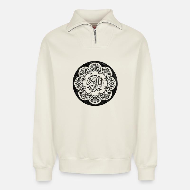 Black circle islamic pattern and calligraphy - Relaxed Unisex Organic Half Zip Sweatshirt – by SPREAD - off white