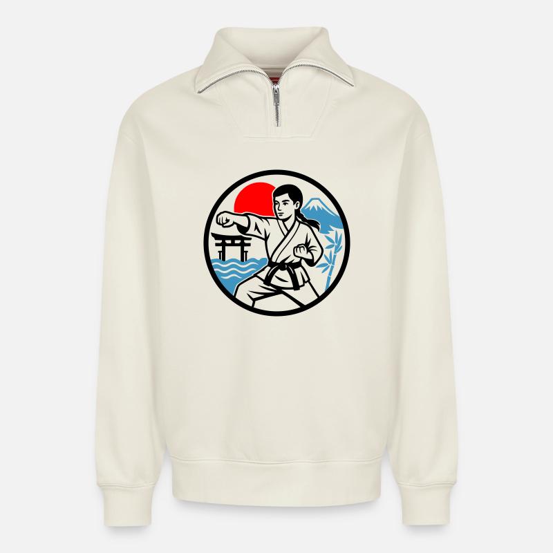 Karaté et nature - Sweat unisexe décontracté en coton biologique à demi-zip – de SPREAD - blanc cassé