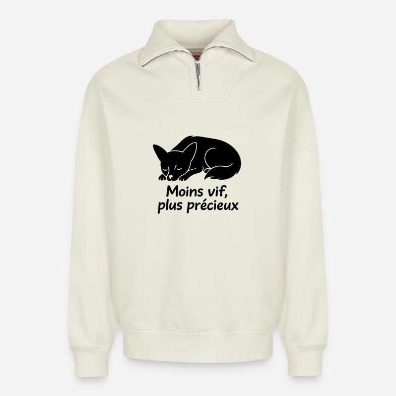 Schlafender Hund mit weniger lebendigem Text - Relaxed Unisex Organic Half Zip Sweatshirt – von SPREAD - Naturweiß