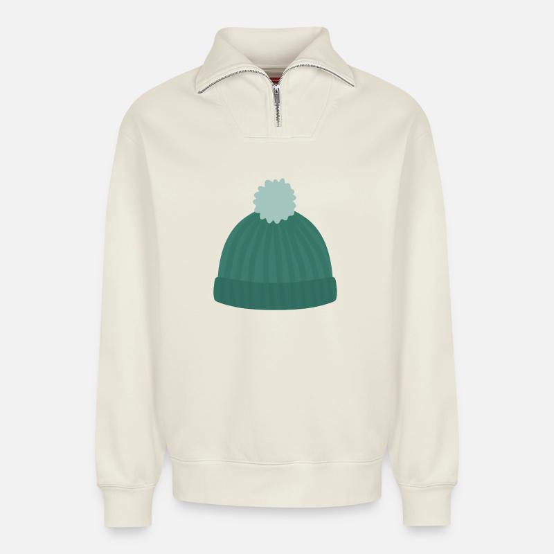 Strickmütze mit Pom Pom - Relaxed Unisex Organic Half Zip Sweatshirt – von SPREAD - Naturweiß