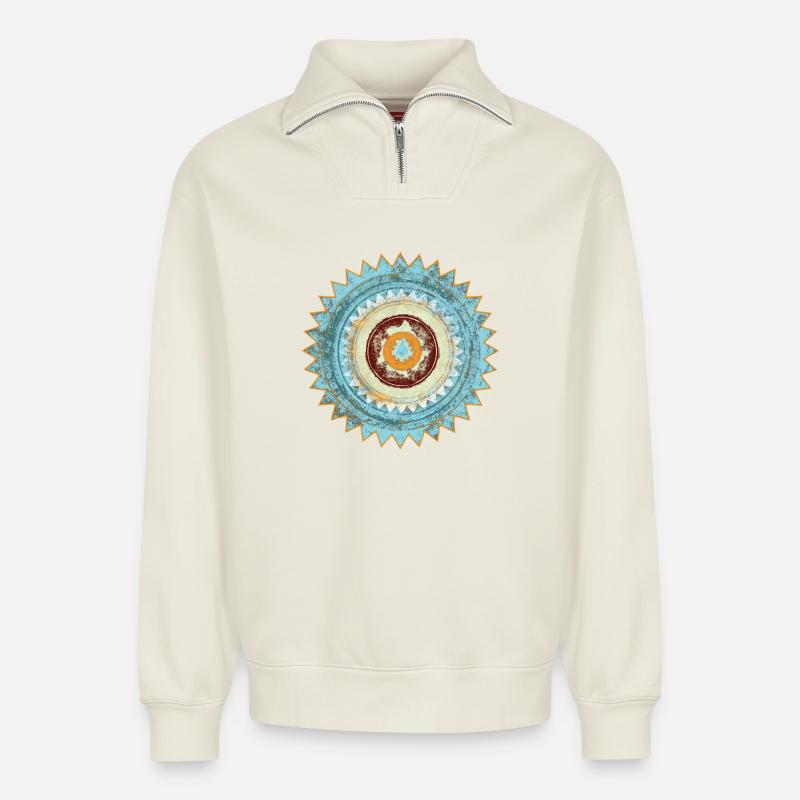 Abstraktes Zen Mandala Design - Relaxed Unisex Organic Half Zip Sweatshirt – von SPREAD - Naturweiß