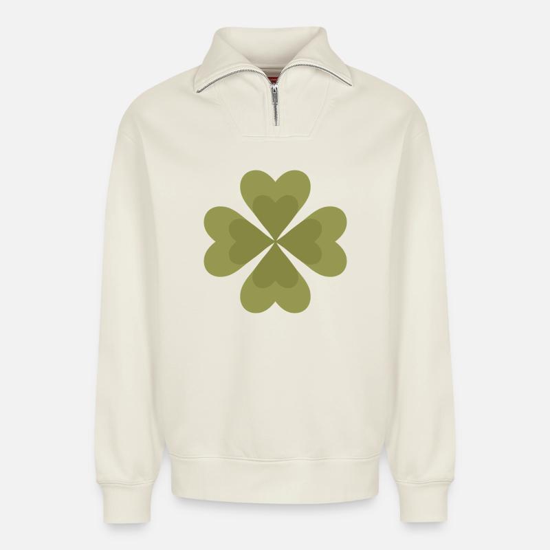Four-Leaf Clover Pattern Design - Relaxed Unisex Organic Half Zip Sweatshirt – by SPREAD - off white