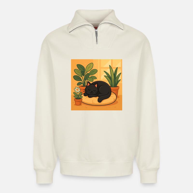Gemütliche Katzenruhe mit Pflanzen - Relaxed Unisex Organic Half Zip Sweatshirt – von SPREAD - Naturweiß