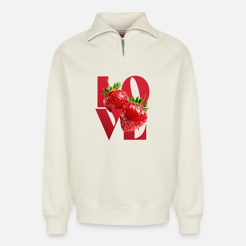 Erdbeere Liebe Illustration - Relaxed Unisex Organic Half Zip Sweatshirt – von SPREAD - Naturweiß