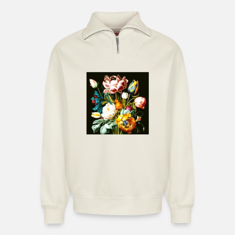 Composition florale texturée sur noir - Sweat unisexe décontracté en coton biologique à demi-zip – de SPREAD - blanc cassé