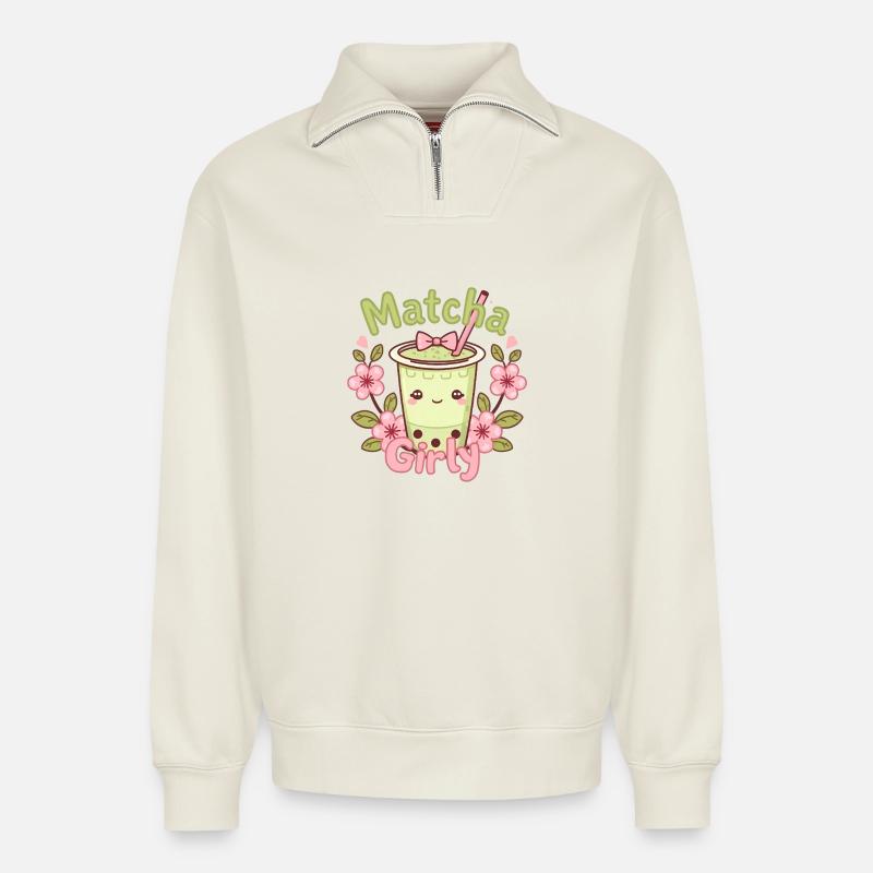 Kawaii Matcha Latte – Matcha Girly - Relaxed Unisex Organic Half Zip Sweatshirt – von SPREAD - Naturweiß