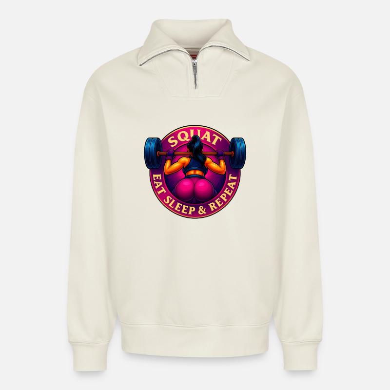 Squat, Eat, Sleep & Repeat ! - Sweat unisexe décontracté en coton biologique à demi-zip – de SPREAD - blanc cassé