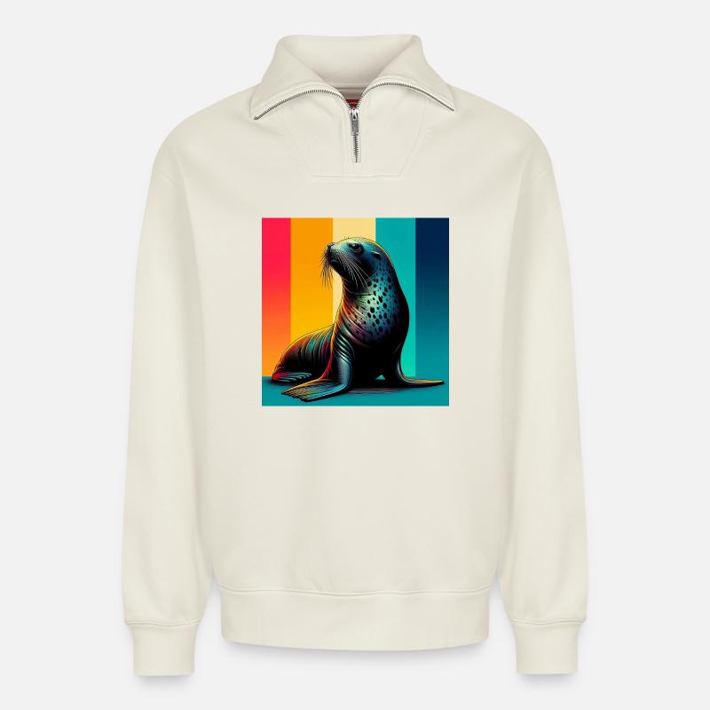 Phoque - Sweat unisexe décontracté en coton biologique à demi-zip – de SPREAD - blanc cassé