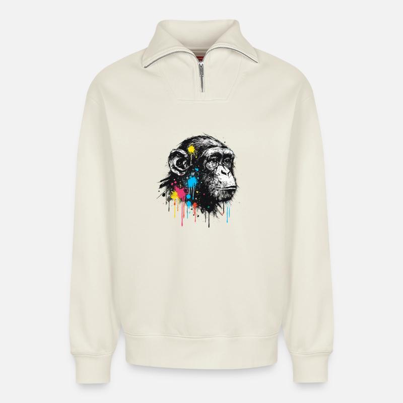 Bunter Spritzschimpanse - Relaxed Unisex Organic Half Zip Sweatshirt – von SPREAD - Naturweiß