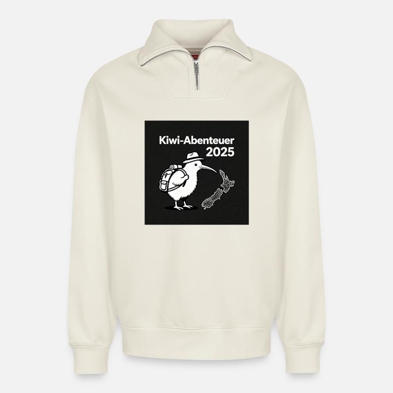 Kiwi Abenteuer 2025 - Relaxed Unisex Organic Half Zip Sweatshirt – von SPREAD - Naturweiß