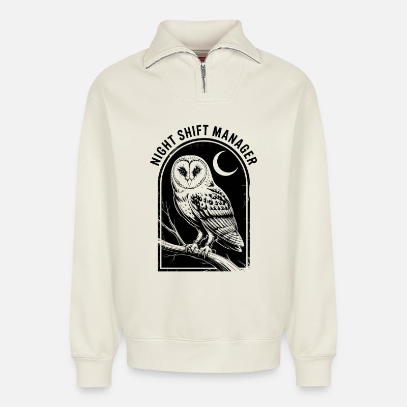 Nachtschicht-Eulenleiter - Relaxed Unisex Organic Half Zip Sweatshirt – von SPREAD - Naturweiß