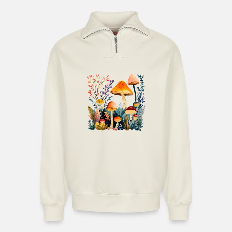 Waldpilz-Gruppe im Herbstwald - Relaxed Unisex Organic Half Zip Sweatshirt – von SPREAD - Naturweiß