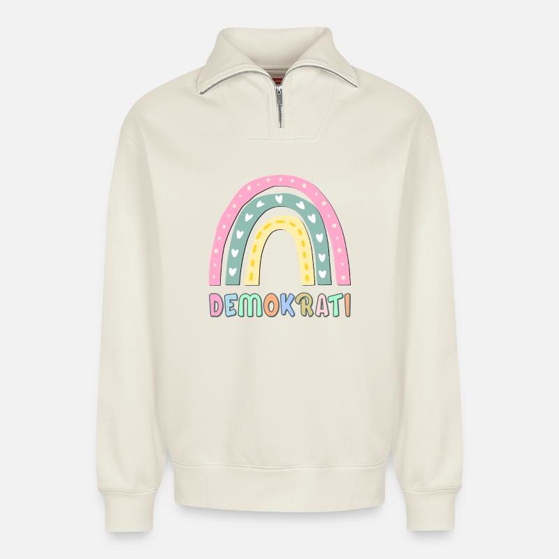 Regenbogen-Demokratie - Relaxed Unisex Organic Half Zip Sweatshirt – von SPREAD - Naturweiß