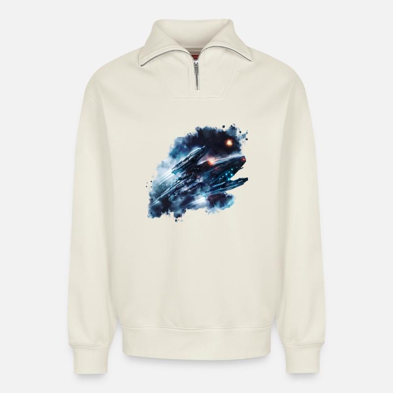 Nebelstern Raumjäger, SciFi-Ufo - Relaxed Unisex Organic Half Zip Sweatshirt – von SPREAD - Naturweiß