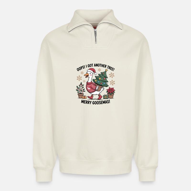Weihnachtsstorch mit Baum und Weihnachtsgeschenken - Relaxed Unisex Organic Half Zip Sweatshirt – von SPREAD - Naturweiß