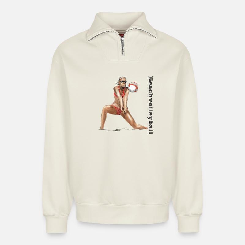 Volleyball Diva Rot - Relaxed Unisex Organic Half Zip Sweatshirt – von SPREAD - Naturweiß