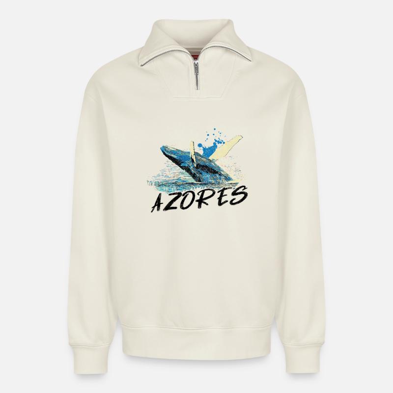 Blaue abstrakte Welle mit Buckelwal - Relaxed Unisex Organic Half Zip Sweatshirt – von SPREAD - Naturweiß