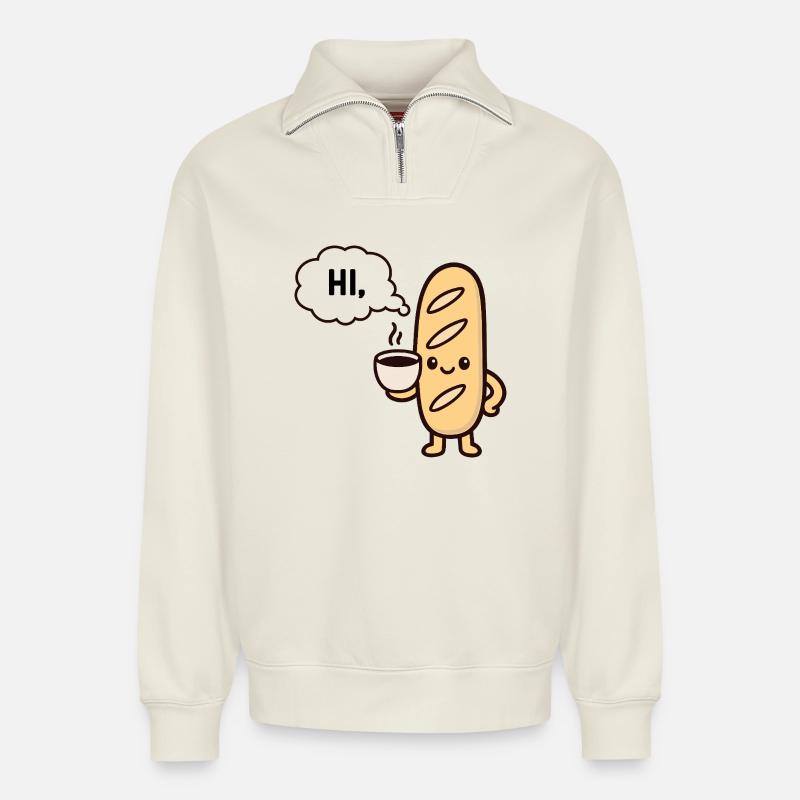 Baguette Café Mascotte Chaleureuse - Sweat unisexe décontracté en coton biologique à demi-zip – de SPREAD - blanc cassé