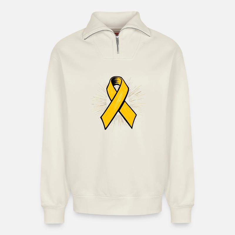 Gelbe Awareness-Schleife im Comic-Stil - Relaxed Unisex Organic Half Zip Sweatshirt – von SPREAD - Naturweiß