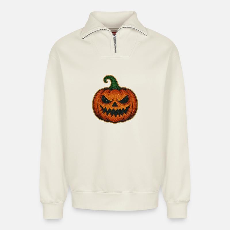 Glitzernder Gruselkürbis - Relaxed Unisex Organic Half Zip Sweatshirt – von SPREAD - Naturweiß