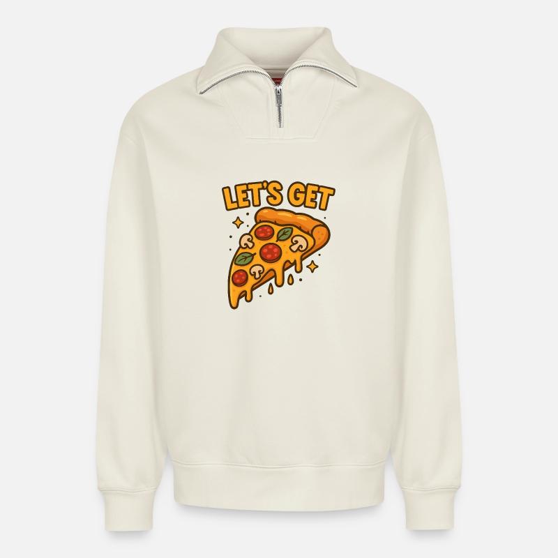 Funny Pizza Slice Let’s Get Design - Relaxed Unisex Organic Half Zip Sweatshirt – von SPREAD - Naturweiß