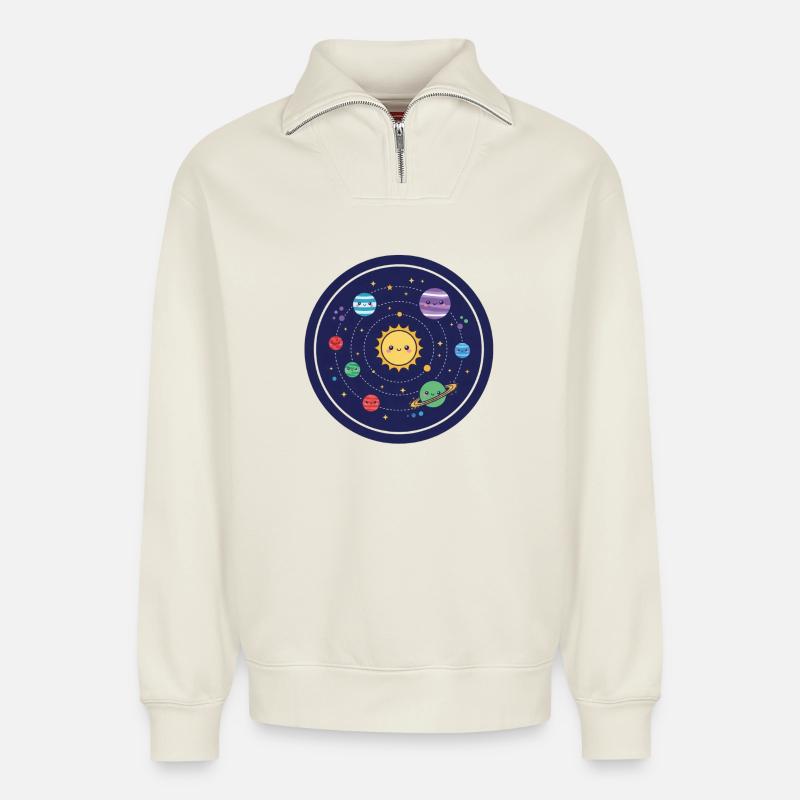 Fröhliches Sonnensystem Design - Relaxed Unisex Organic Half Zip Sweatshirt – von SPREAD - Naturweiß