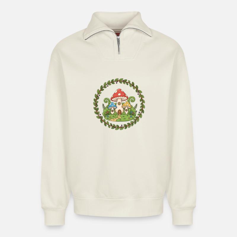 Waldpilzhaus Kranz - Relaxed Unisex Organic Half Zip Sweatshirt – von SPREAD - Naturweiß