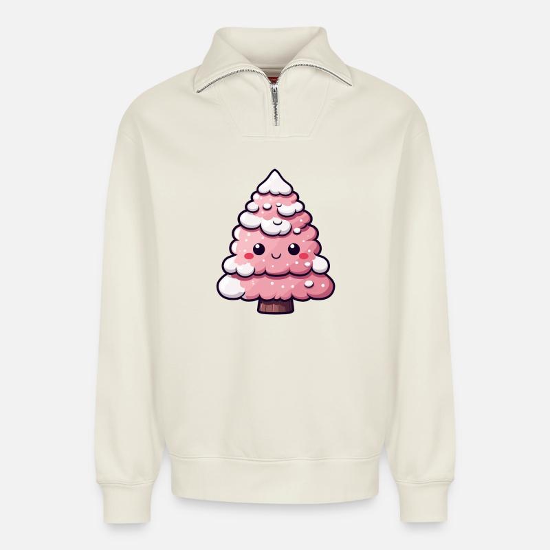 Chibi Pink Snowy Tree - Relaxed Unisex Organic Half Zip Sweatshirt – by SPREAD - off white