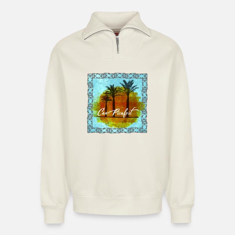 Can Picafort Palmen Sunset - Relaxed Unisex Organic Half Zip Sweatshirt – von SPREAD - Naturweiß