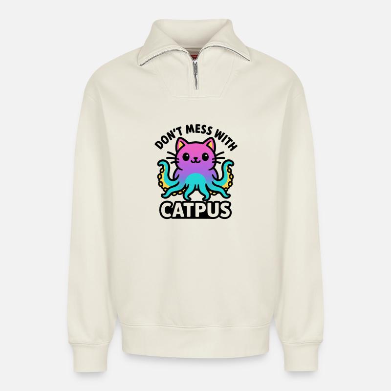 Catpus - Don’t mess with Catpus - Relaxed Unisex Organic Half Zip Sweatshirt – von SPREAD - Naturweiß