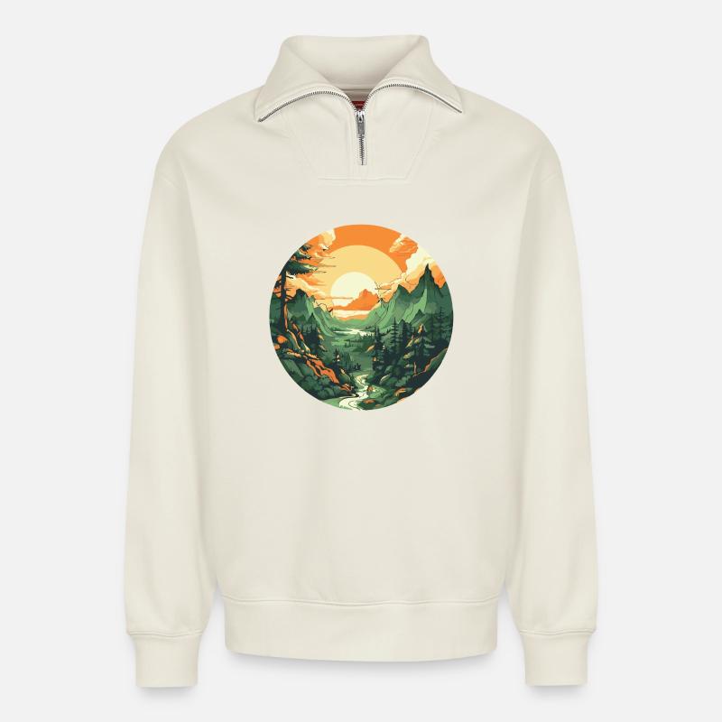 Coucher de montagne circulaire - Sweat unisexe décontracté en coton biologique à demi-zip – de SPREAD - blanc cassé