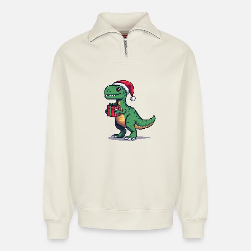Vélociraptor 8 bits Pixel Noël - Sweat unisexe décontracté en coton biologique à demi-zip – de SPREAD - blanc cassé