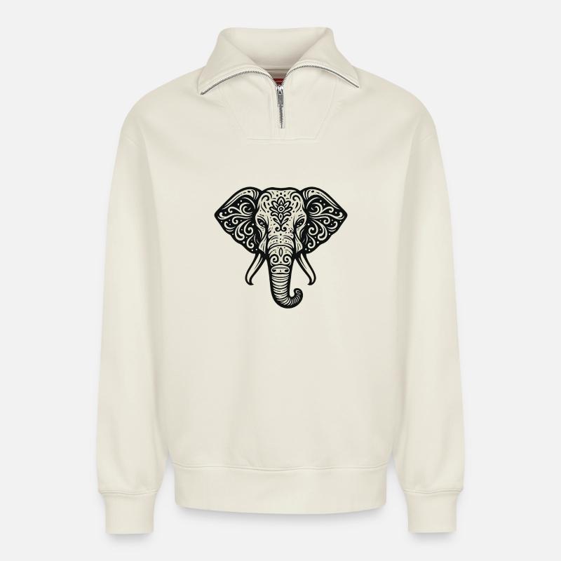 Elefant Mandala Ornament - Relaxed Unisex Organic Half Zip Sweatshirt – von SPREAD - Naturweiß