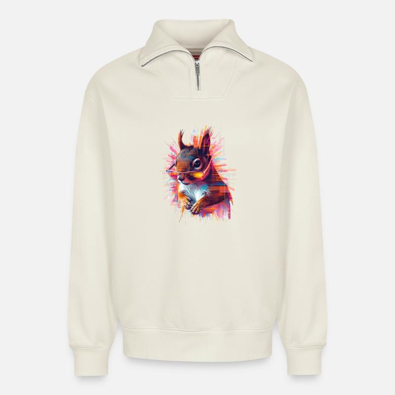 Neon Eichhörnchen mit Sonnenbrille – Glitch Art - Relaxed Unisex Organic Half Zip Sweatshirt – von SPREAD - Naturweiß