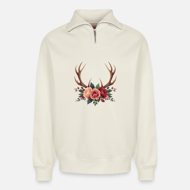 Hirschgeweih & Rosen - Boho Nature Design - Relaxed Unisex Organic Half Zip Sweatshirt – von SPREAD - Naturweiß
